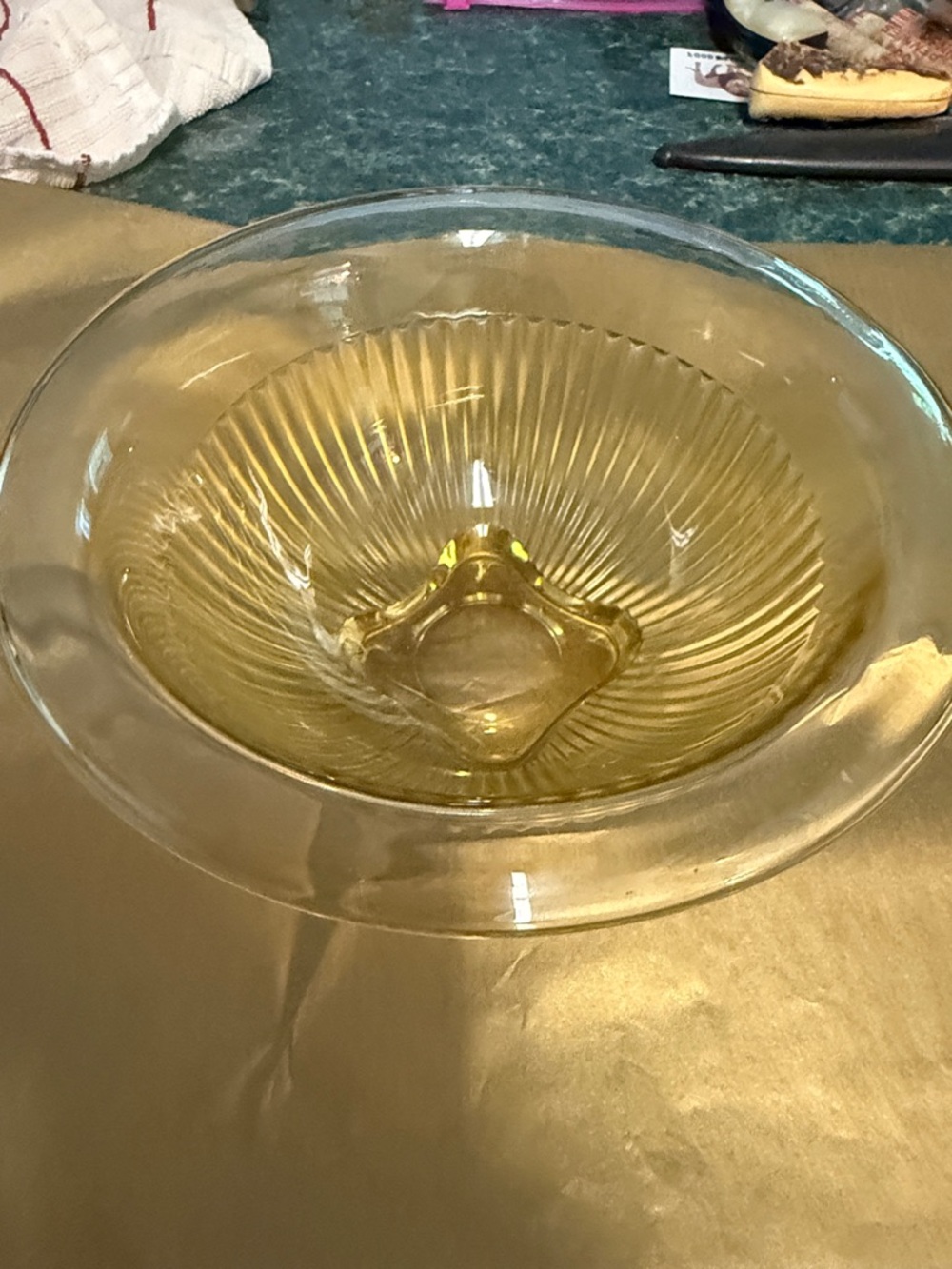 Amber Glass Serving Bowl - Ribbed Pattern